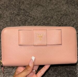 Prada Pink Saffiano Leather Zip Wallet with Bow Detail